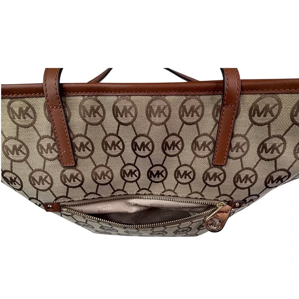 Michael Kors tan/brown MK‎ monogram tote bag, leather straps